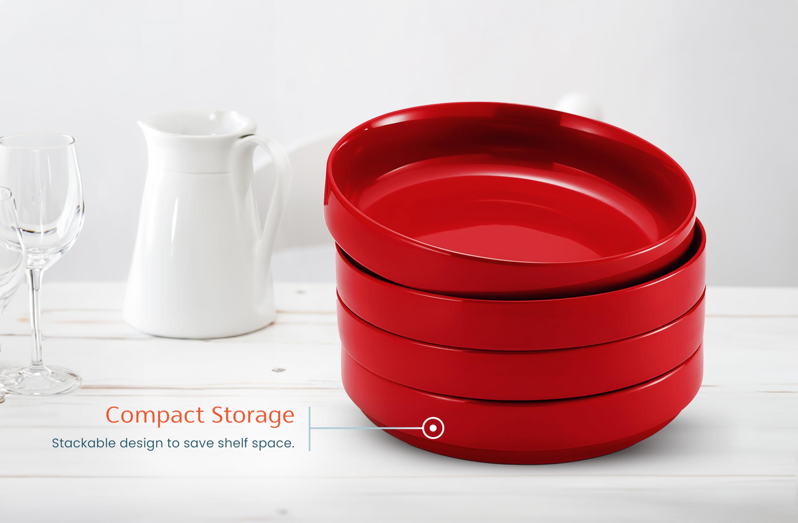 KooK Cuencos grandes de cerámica para pasta, aptos para microondas y lavavajillas, ideales para sopas y ensaladas, cuencos poco profundos, porcelana brillante, 48 onzas, juego de 4, rojo cereza