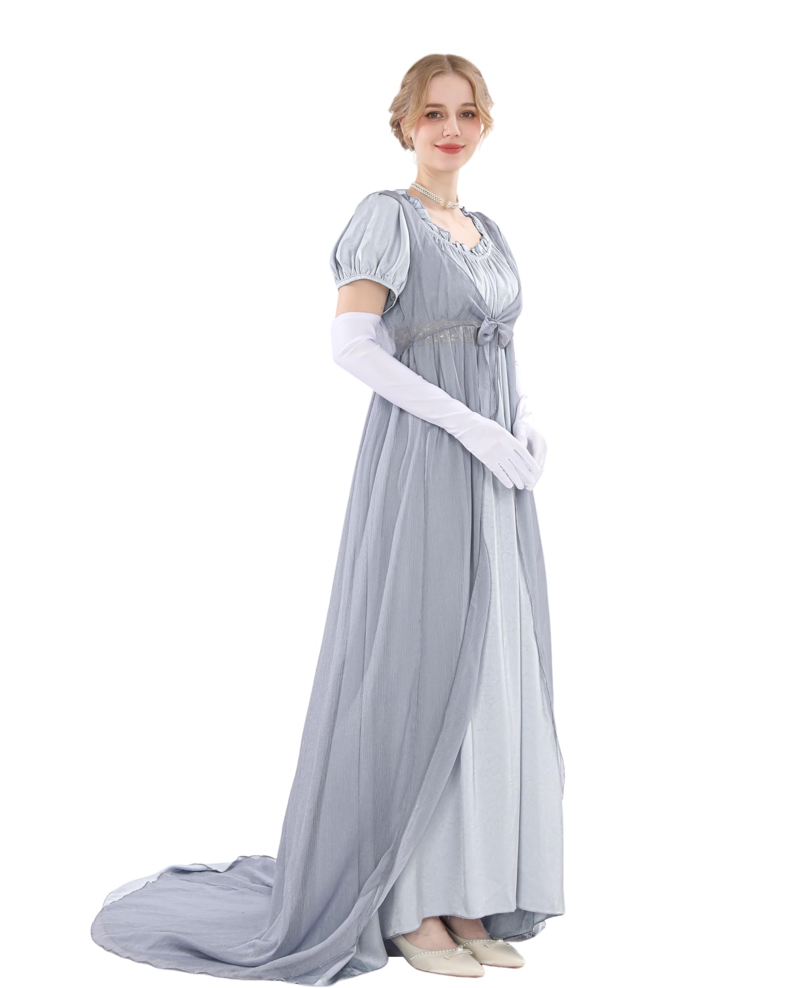 Regency Robe de soirée victorienne pour femme - Robe de soirée longue avec couvre-lit, ceinture et gants - Costume pour bal, carnaval, Halloween