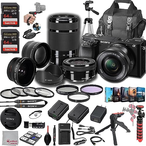 Sony a6100 Mirrorless Camera with 16-50mm + 55-210mm Lenses, 128GB Extreem Speed Memory,.43 Wide Angle & 2X Lenses, Case,Tripod, Filters, Spare Battery & Charger,Editing Software Kit -Deluxe Bundle