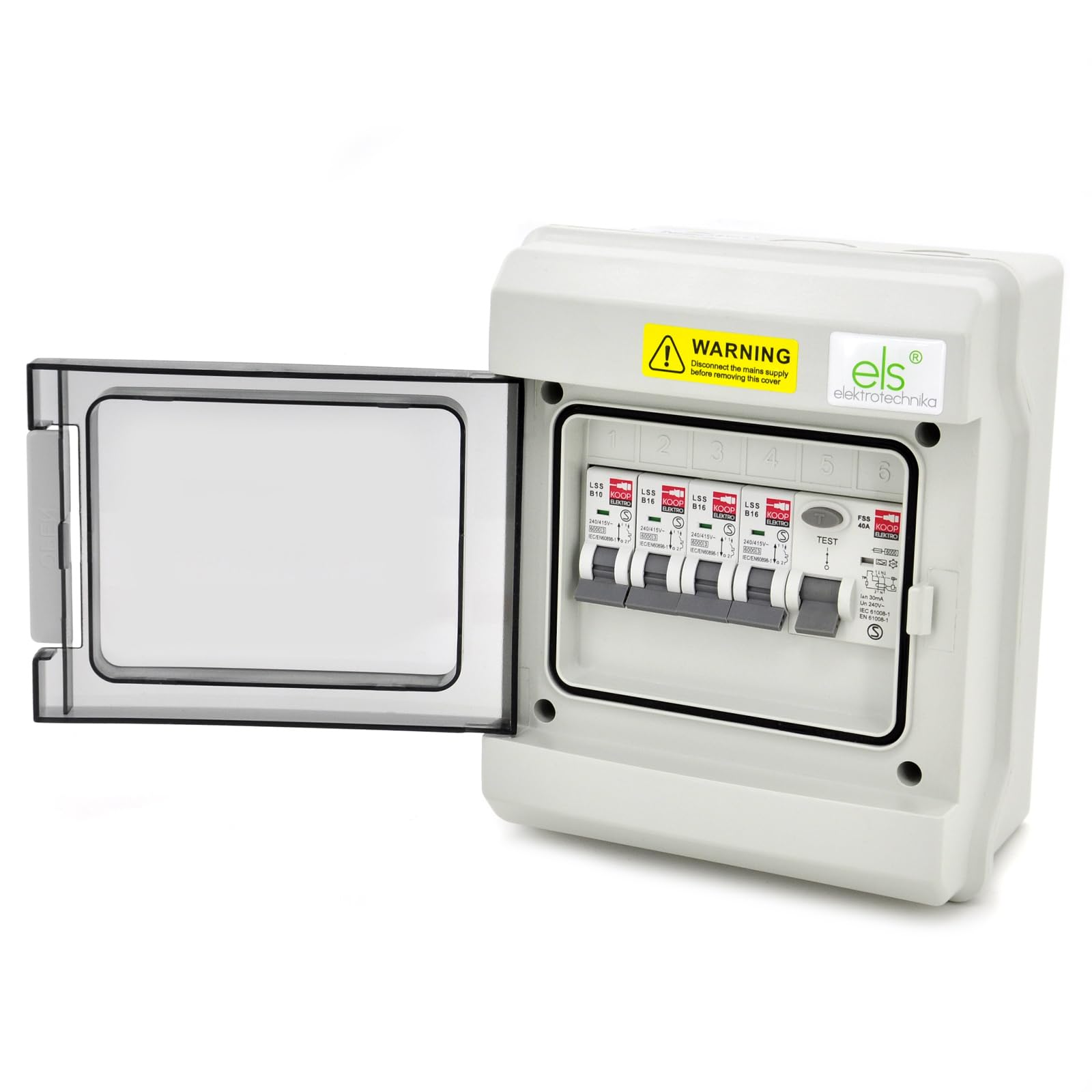 ELS Elektrotechnika Feuchtraum Verteilerkasten IP66 Aufputz | 6 Module Sicherungskasten Vormontiert mit FI-Schutzschalter & 4x LS (1xB10/3xB16) Typ A - UV-Beständig Outdoor