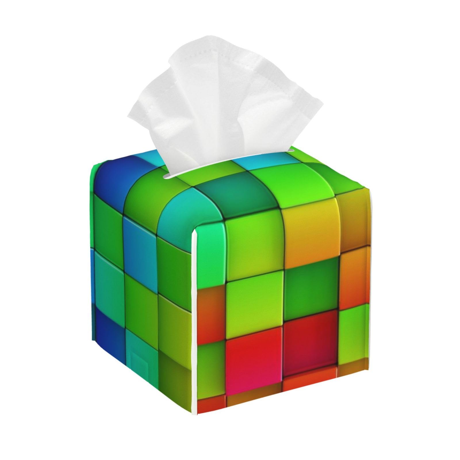 Rainbow Colorful Blocks Square PVC Tissue Box Cover Modern Decorative Holder for Bathroom Vanity