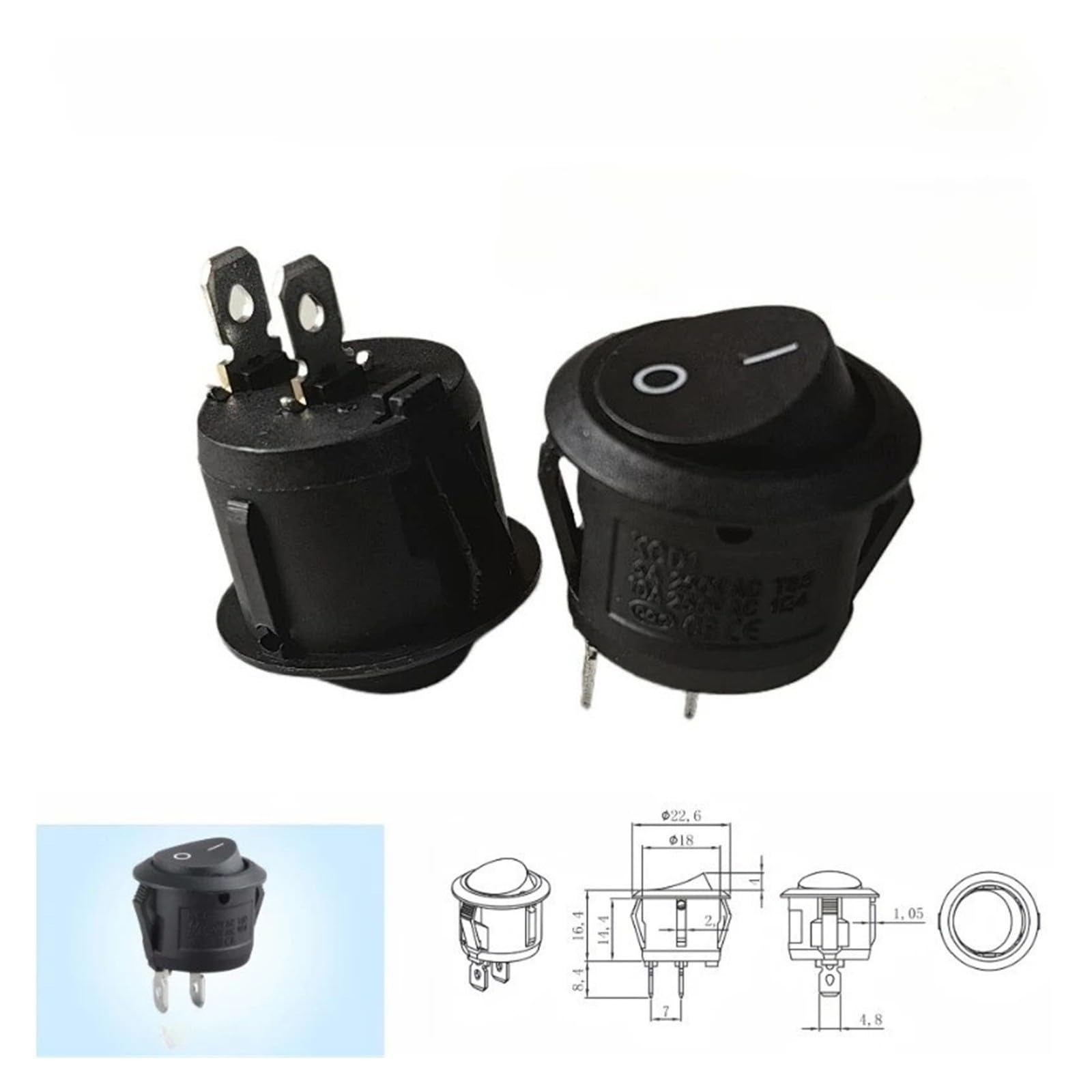 Lot de 10 interrupteurs à bascule ronds marche/arrêt à 2 broches 15 mm 3 A 250 V 6 A 125 V pour voiture, camping-car, bateau