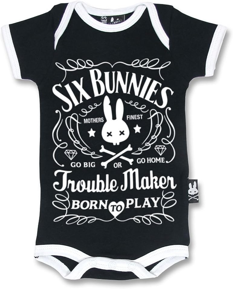 Six Bunnies Trouble Maker Black White Unisex Onesie (6 Months)