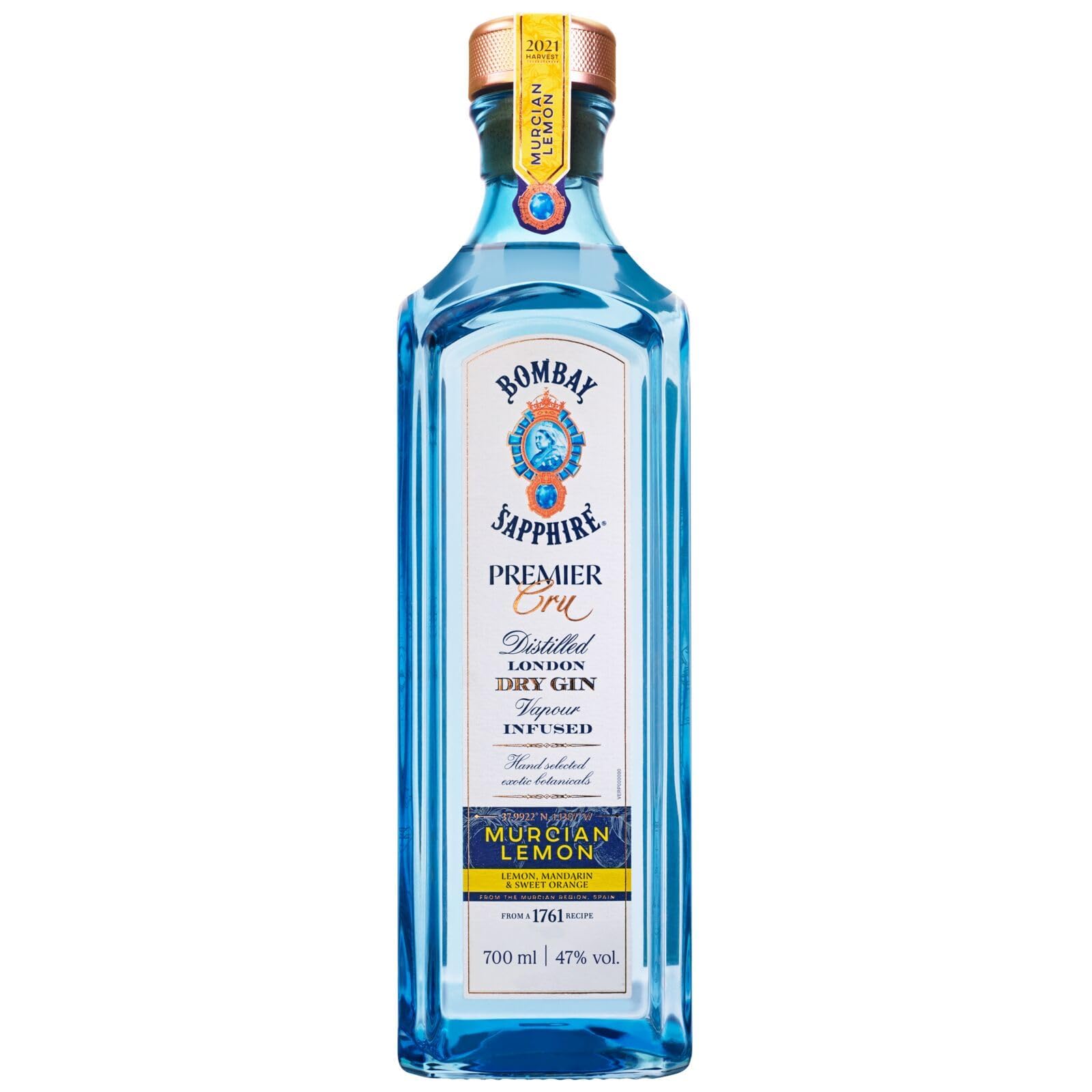 Bombay Sapphire Premier Cru Murcian Lemon London Dry Gin, 47% Vol., 70 cl / 700 ml, bebida espirituosa 100% infusionada al vapor con cítricos recolectados a mano