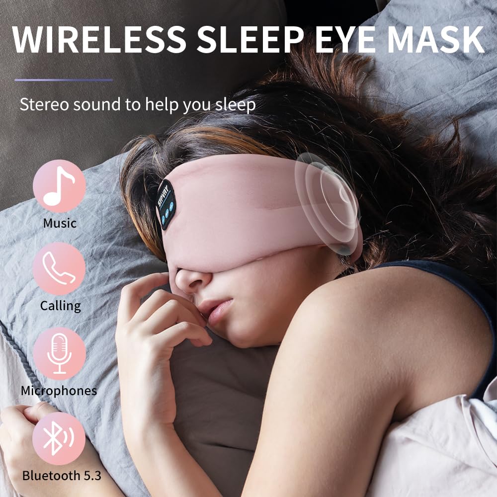 Sleep Mask Bluetooth 5.4 Headphones Soft Wireless Headband Eye Mask Blackout with Microphone (Pink)