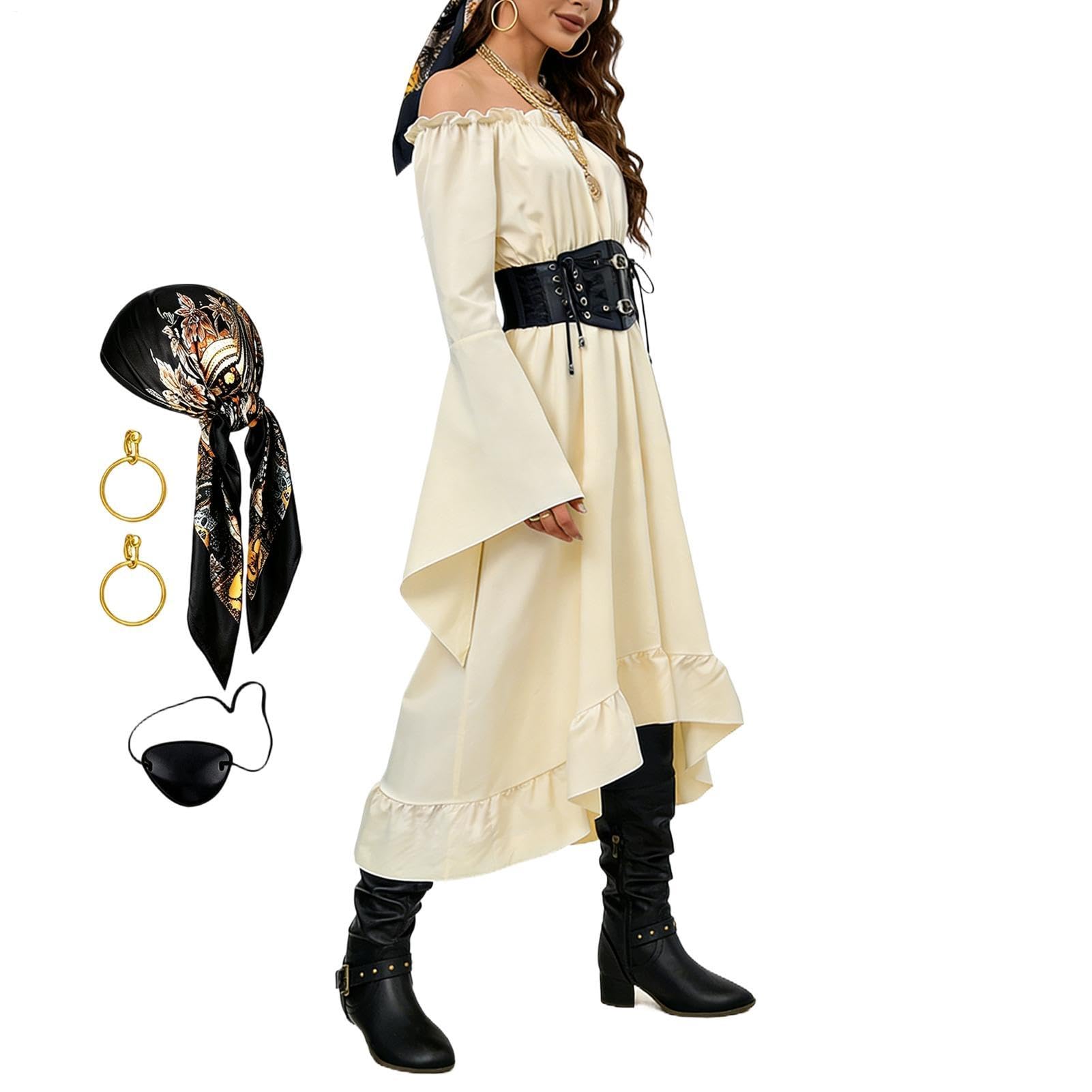 Kostium Pirata Halloweenowy Średniowieczny Strój Cosplay Retro Z Paskiem | Piracki Kostium Renesansowy na Szkolne Imprezy, Karnawał, Występy, Nawiedzony Dom, Rekwizyt do Zdjęć, Cosplay, Halloween