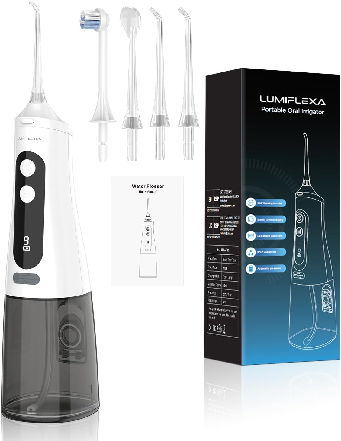 Water Dental Flosser for Teeth Pick, Cordless Flosser for Travel with 4 Jet Tips, 9 intensities, IPX7 Waterproof Portable & Rechargeable Oral Irrigator Cleaner, White