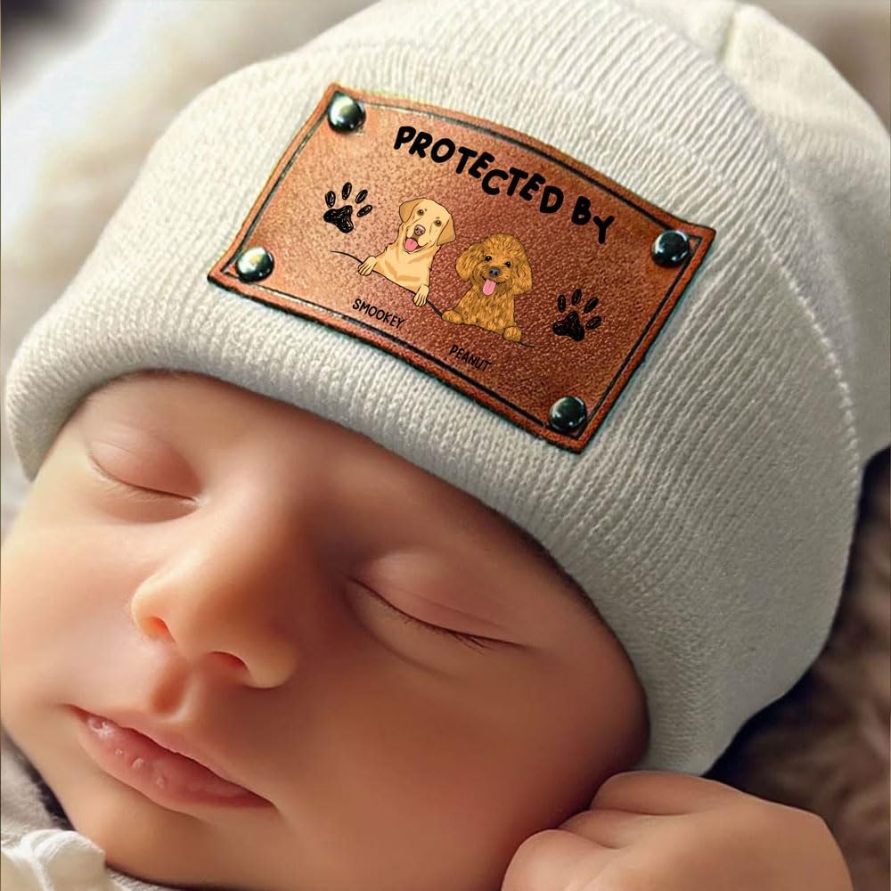 Wrappiness Custom Baby Beanie - Protected by Dogs, Personalized Baby Winter Hat, Gifts for Newborn Infant Toddler Kid, Leather Patch Dog Beanie for Boy, Girl Beige