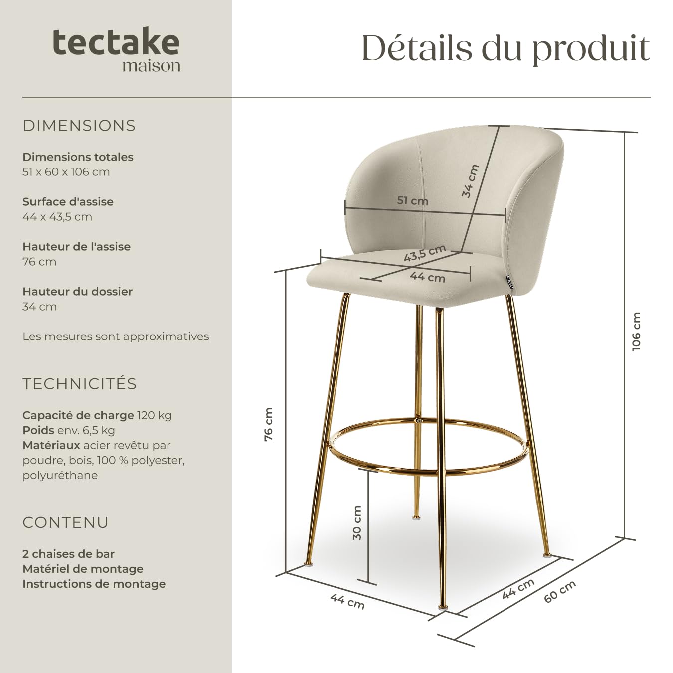 tectake® Lot de 2 Tabouret Bar Aspect Velours Chaise de Bar avec Repose-Pieds Chaise Haute Cuisine pour îlot Central H106cm Rembourrée avec Dossier Tabouret Haut Cuisine comptoir