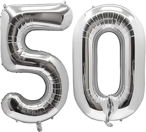 AULE Globos gigantes de 40 pulgadas de Mylar de aluminio plateado para hombres y mujeres, decoraciones de fiesta de cumpleaños 50 años, suministros