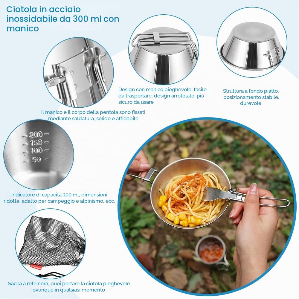 REFORUNG Set di Stoviglie per Esterni in Acciaio Inossidabile Set Piatti Bicchieri e Posate Campeggio con Piatto Tazza Ciotola Posate con Sacchetto a Rete per Picnic Pentole All'aperto (8 Pz)