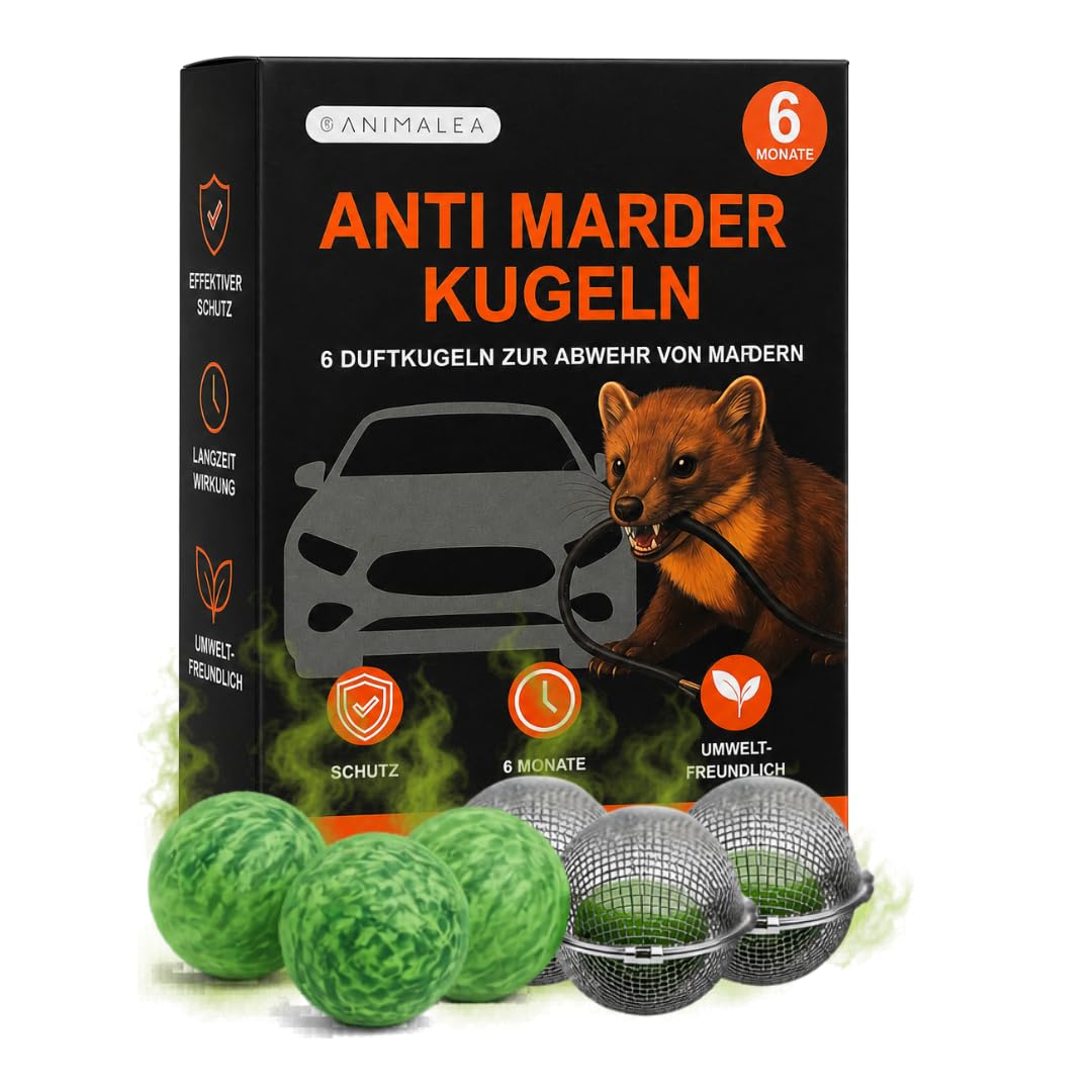 Animalea Marderschreck Auto – 6X Marderkugeln inkl. 3 Halterungen - Hochwirksame Marderabwehr Auto Duftkugeln bis zu 6 Monate - Alternative zu Marderspray und Marderschrecker Auto - Marder Abwehr
