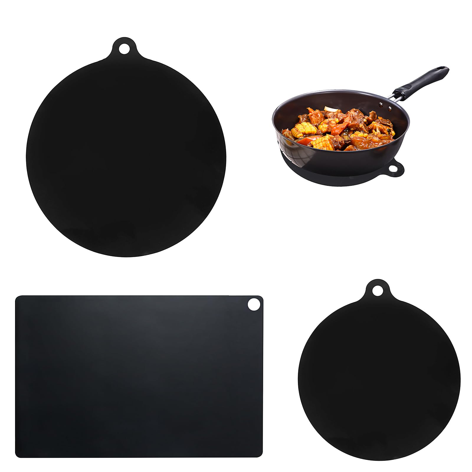 3 Piezas Protector Placa Induccion de Silicone, MUNTE Protector Vitroceramica Induccion Nero, 3 Tamaños, para Superficies de la Cocina de Inducción, Utensilios de Cocina (Rectangular y Circular)