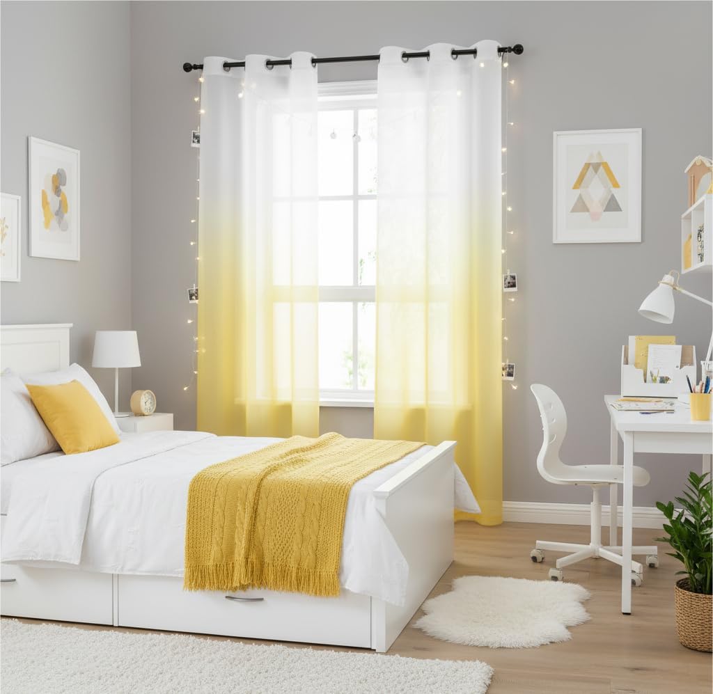 Ombre Chiffon Sheer Curtains Yellow for Living Room Decor, Gradient Light Filtering Window Curtain Panels for Girls Bedroom, Crinkle Semi Sheer Drapes for Garden, Yard Decor, Grommet Top, 42"Wx63"L
