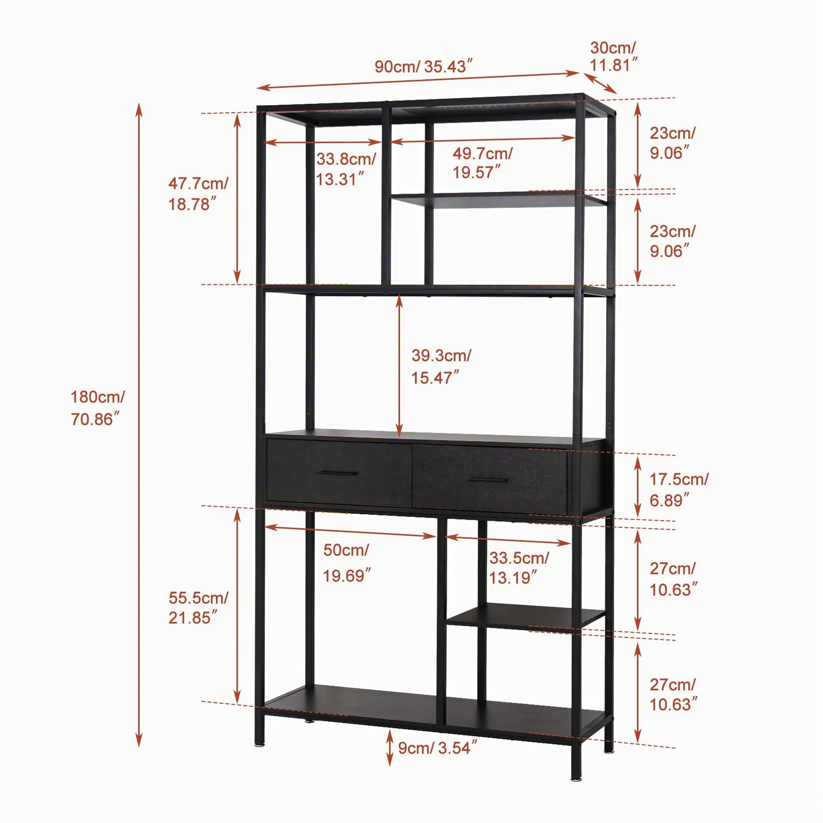 unho Librería con Cajón Industrial, Estantería Alta con Estantes de Almacenamiento de 5 Niveles, Marco de Metal y Gabinete de Madera, Estantería Independiente para Libros para Oficina en Casa