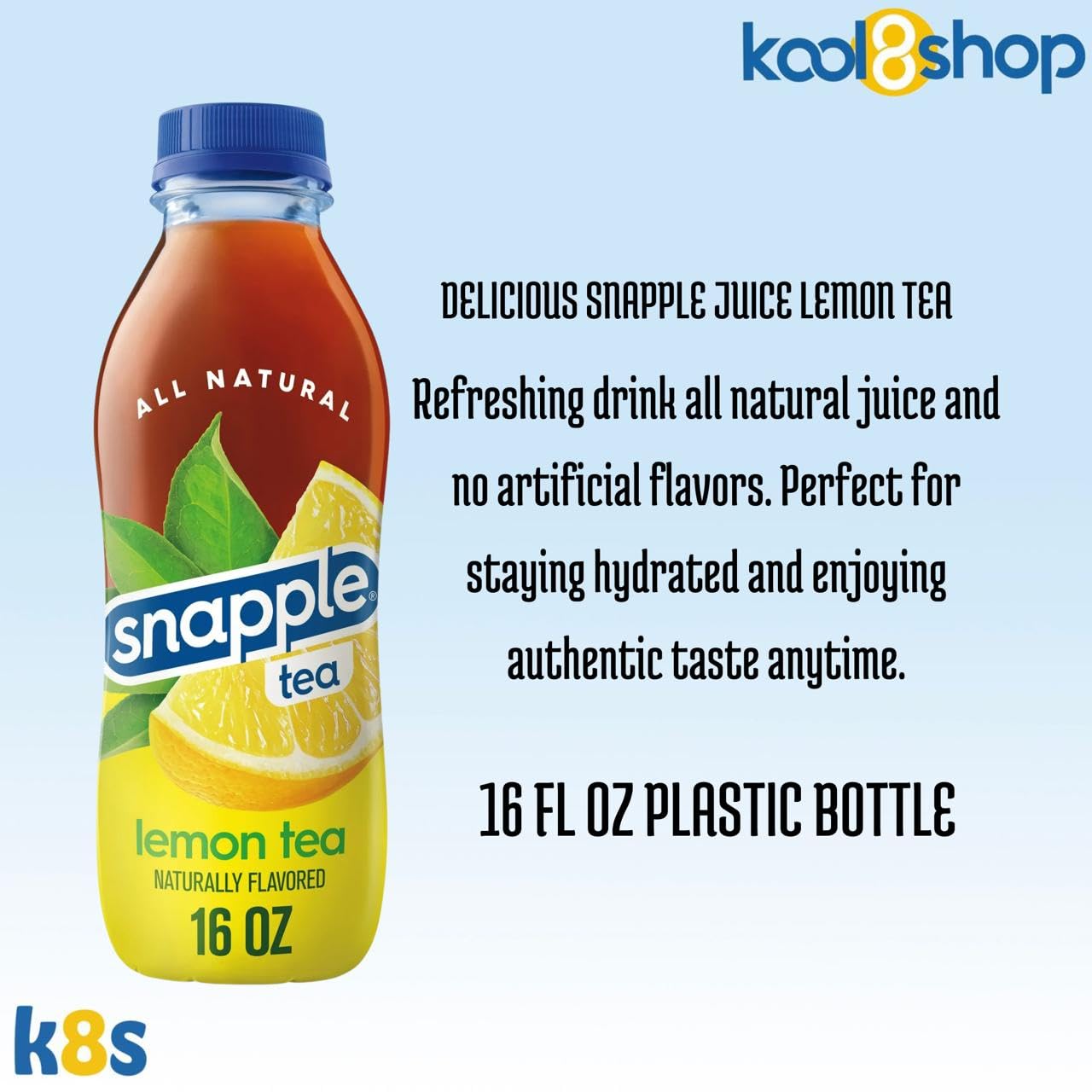 Snapple Lemon Tea All Natural Fruit Juice 16 fl oz Plastic Bottles 16 Pack + 15 Sugarcane Disposable Straws by KOOL8SHOP Infinite Deals