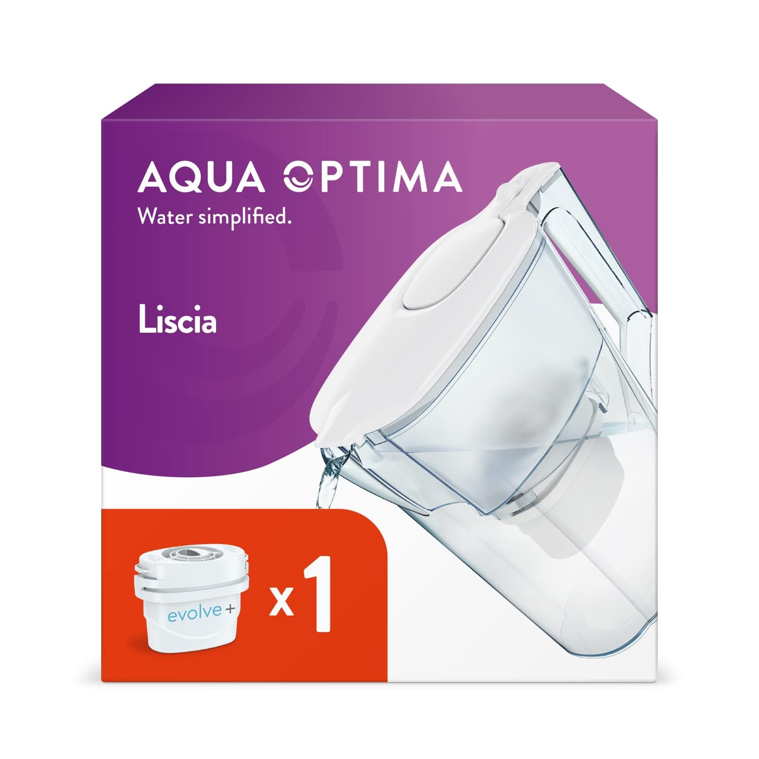 Aqua Optima Liscia Water Filter Jug & 1 x 30 Day Evolve+ Filter Cartridge, 2.5 Litre Capacity, for Reduction of Microplastics, Chlorine, Limescale and Impurities, White (Packing May Vary)