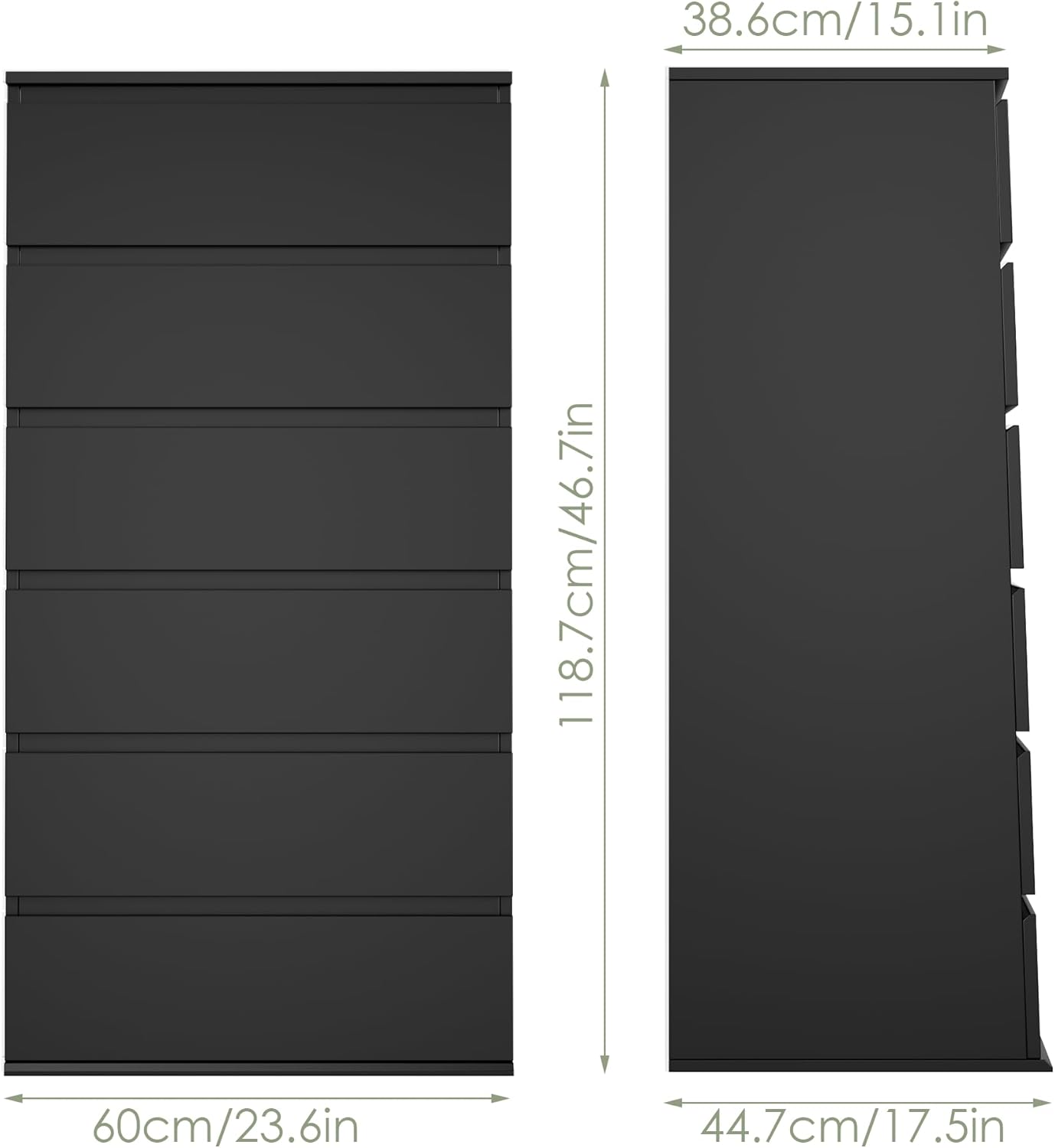 FOTOSOK Black Dresser, 6 Drawer Dresser, Modern Tall Black Storage Chest of Drawers Wood Dressers with Metal Sliding Rail, Handleless Drawer Cabinet for Home & Office