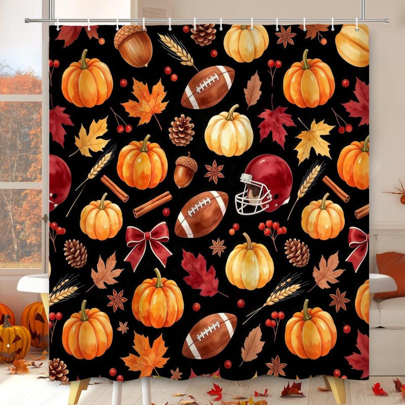 Rideau de douche automne football, citrouille et feuilles, 72x72 po, 12 crochets