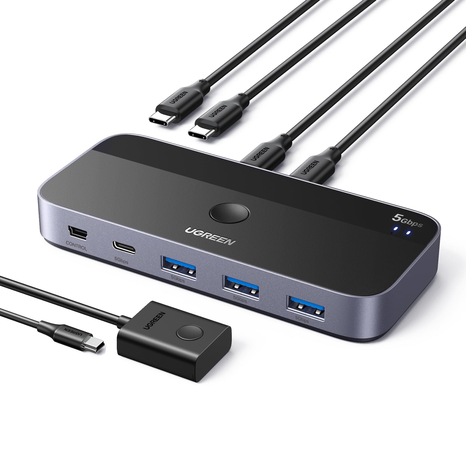 UGREEN Switch USB C 5Gbps con 4 Puertos para 2 PC Conmutador KVM 2 Entradas 4 Salidas Plug Play para Teclado Ratón Disco Duro Interruptor con Controlador de Escritorio y 2 Cables Incluidos