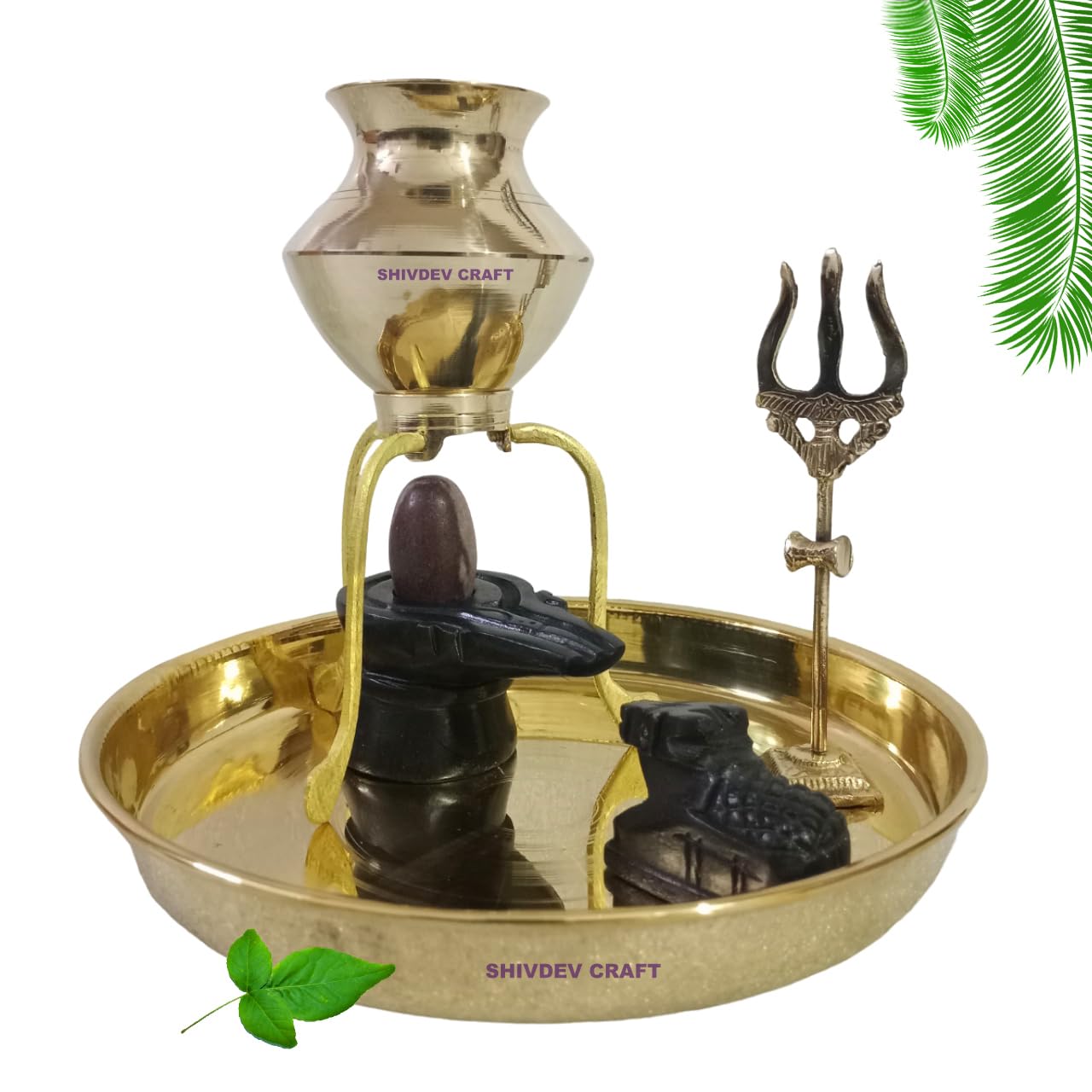 Narmadeshwar shivling with Brass jal Abhishek lota/Kalash Shiv Lingam Stand Nandi trishul Pooja thali Set Original narmada River Damru Jaladhari Banalingam jalabhishek Set, Black