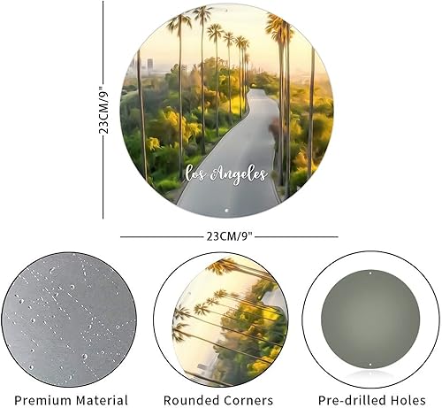 Miniatura 2 de Round Metal Tin Sign Plaque American California State Los Angeles City Skyline Scenery Cityscape Vintage Wreath Sign Home Door Sign Plaque