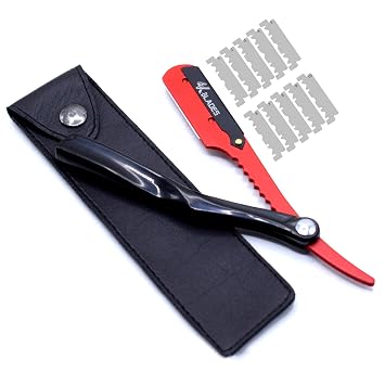 Professional Barber Straight Edge Razor - Salon Hair Cut Stainless Steel Safety Blade for Close Shaving, Navalha De Barbeiro with 10 single edge sharp blades Plastic handle