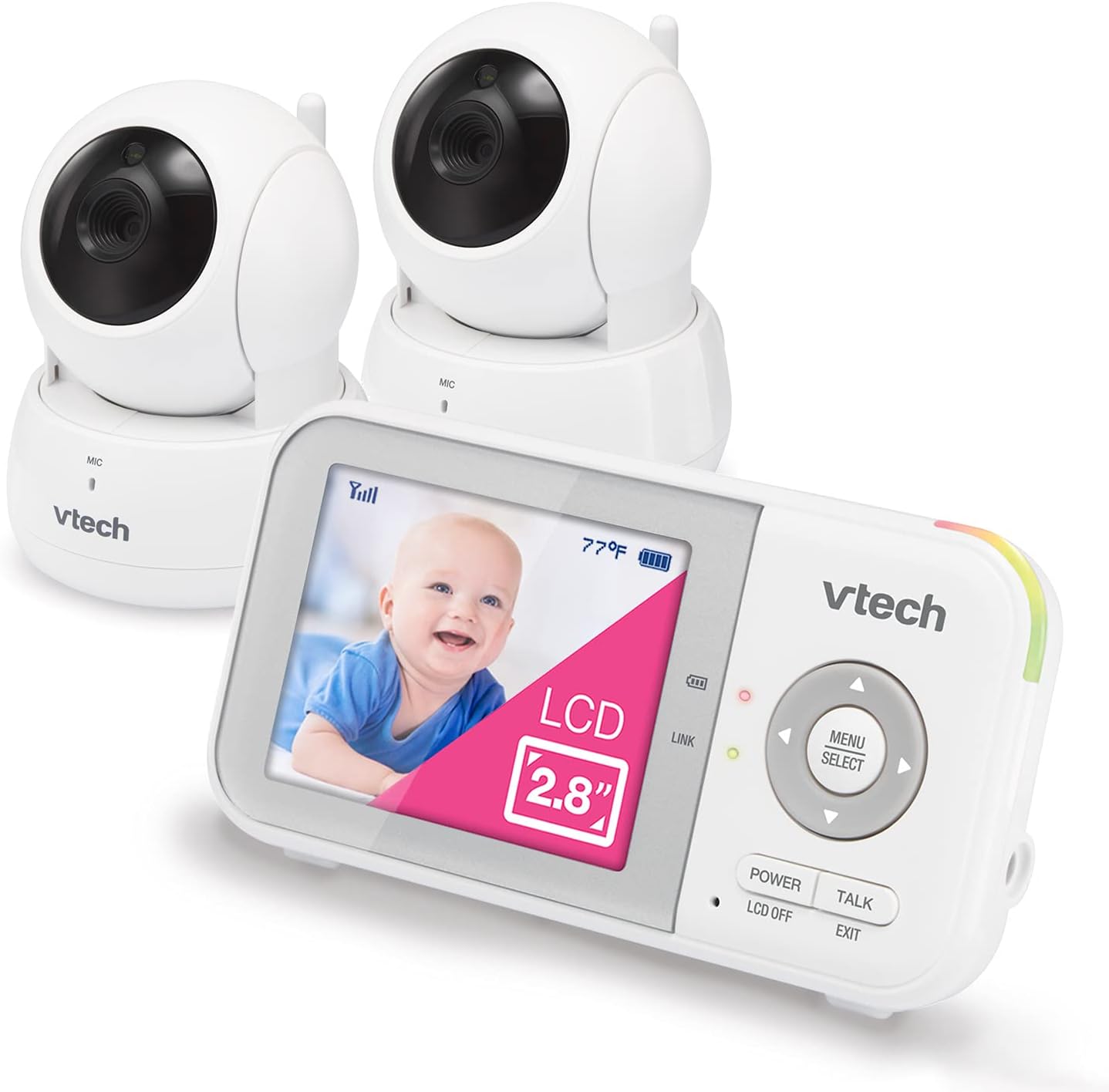VTech VM923-2 Baby Monitor, 2.8”Screen, 1000ft Range, Pan-Tilt-Zoom, Night Vision, 2-Way Audio, Temperature Sensor, Lullabies, Secured Transmission No WiFi