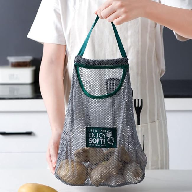 Acxico 2Pcs Large Capacity Storage Hanging Bag Kitchen Organize Mesh Pouch Kitchen Fruit and Vegetable Storage Bag