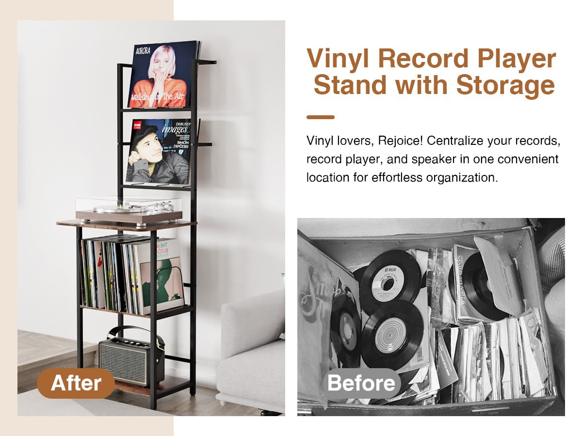 Mobile Giradischi e Porta Vinili a 5 Livelli, Porta Dischi Vinile, Vinili da Parete a 2 Livelli, Mobile per Giradischi e Vinili Archiviazione fino a 200 Albums, Cds