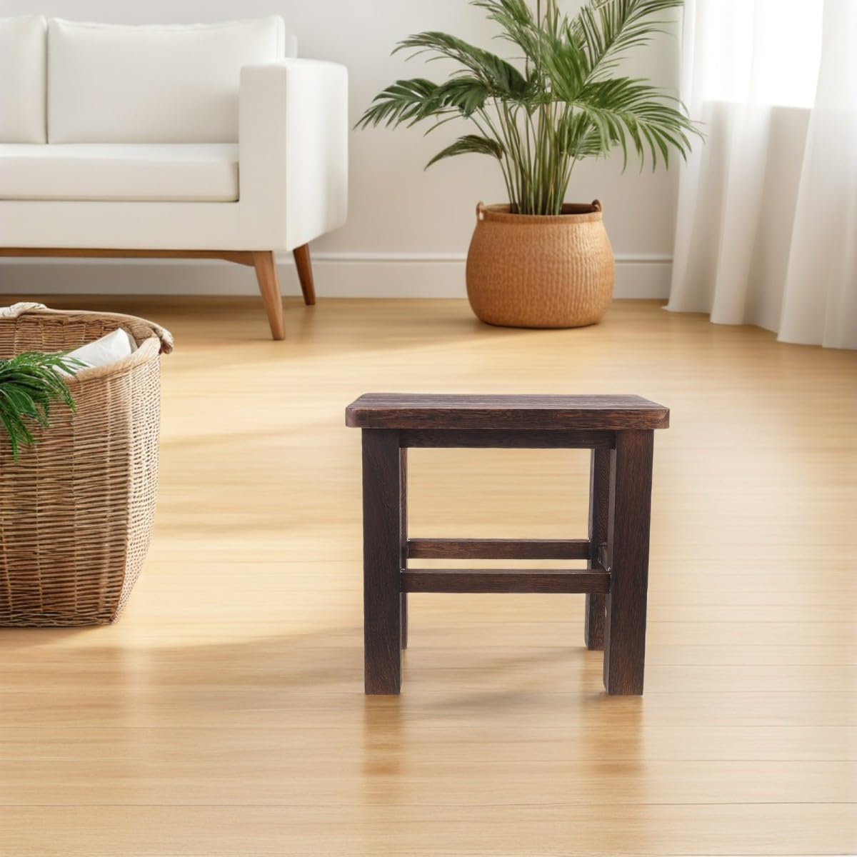 Taburete de Madera Vintage para Plantas Diseño Ligero y Esquinas Redondeadas, Estructura Baja Adecuado para Ambiente y Baño