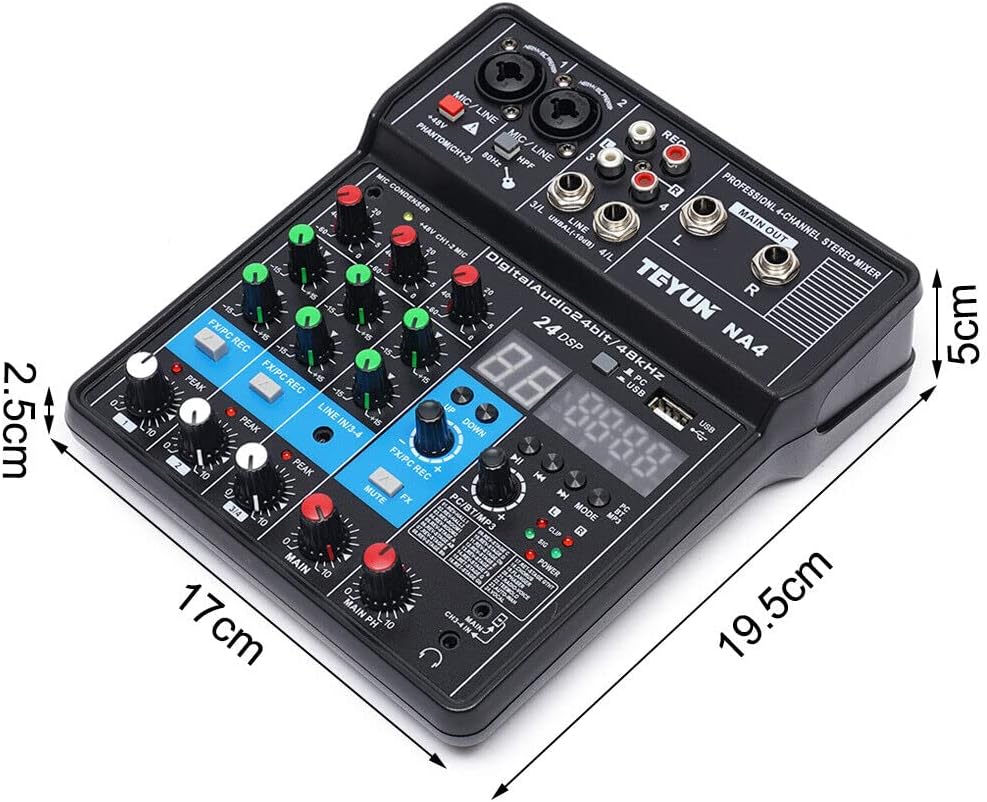 CNCEST Pro 4 Channel NA4 Mini Audio Mixer USB Bluetooth DJ Live Sound Mixing Console Amplifier Studio