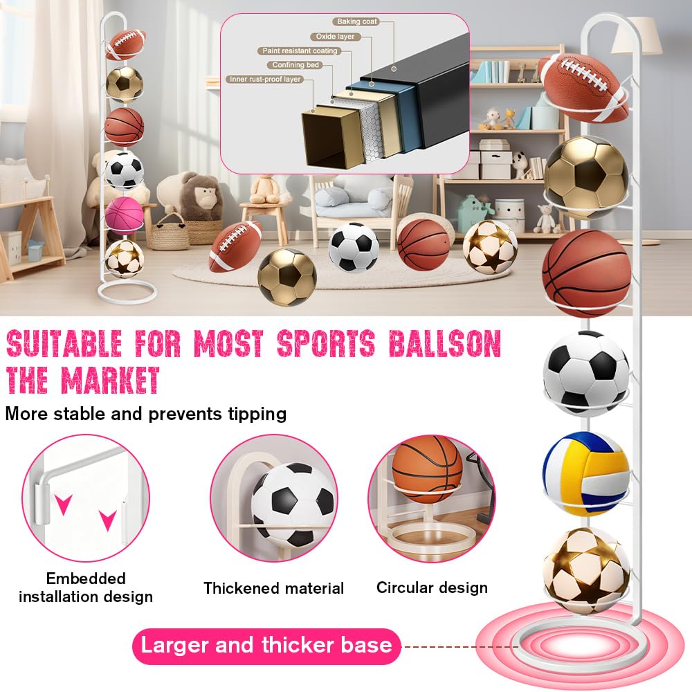 6 Strati Porta Palloni, Rastrelliera da Basket Verticale, Supporto per Palloni da Calcio, Scaffale di Stoccaggio Della Palla Rimovibile Scaffale di Stoccaggio di Attrezzature Sportive (Bianco)