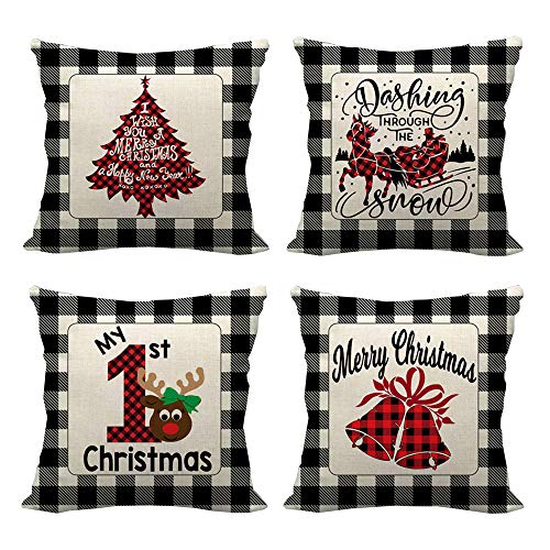 Anyingkai 4PCS Fundas Cojines de Navidad,Cojines Navideños para Sofa,Cojines Decorativos para Sofa Navidad,Cojines Navidad,Funda de Almohada de Navidad (Cuadros Negros)
