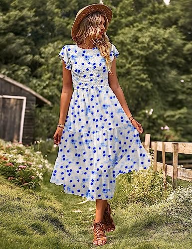 Image of YESNO Women Summer Dresses Ruffle Cap Sleeve Casual Dress Boho Smocked Bodice Maxi Dress with Pockets E05
