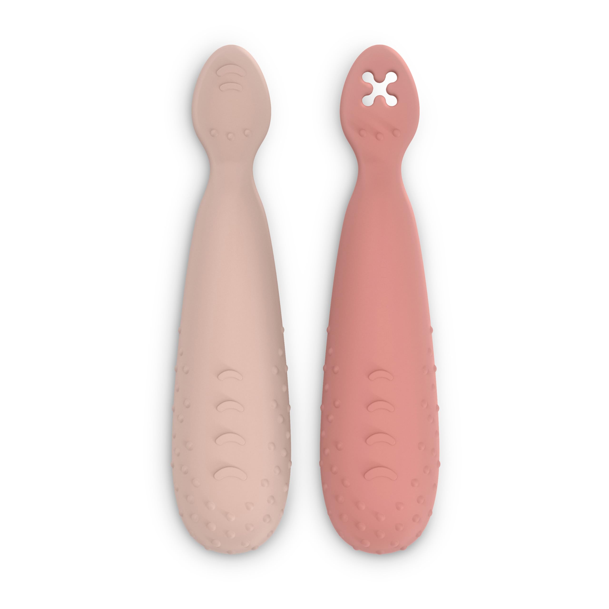 Suavinex, Pack of 2 Pre-Learning Spoons, Silicone Spoons with Textured Flat Tip, Ergonomic, Symmetrical Shape, Dishwasher-Safe, +6 Months, Pink, 2 Units