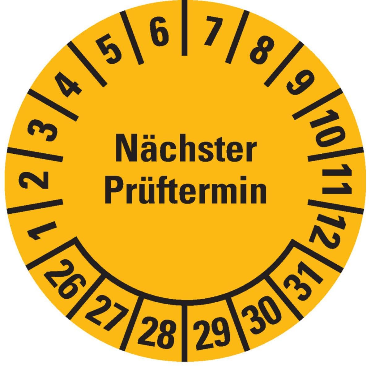 Prüfplakette Nächster Prüftermin, 26-31, gelb, Folie, ablösbar, Ø 15mm, 60/Bogen