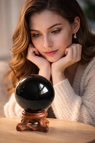 Miniatura 4 de Mina Heal Esfera de obsidiana para meditación, adivinación y Feng Shui, bola grande de cristal negro con soporte