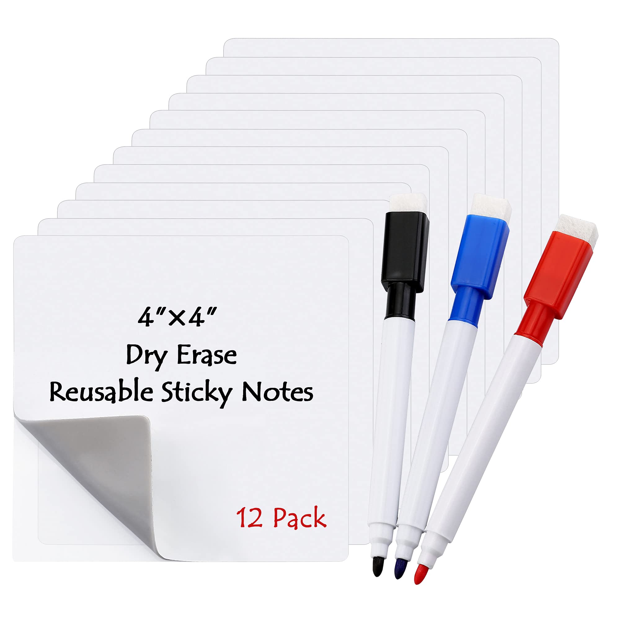 Yoption12 Pack Dry Erase to Do List 4''x4'', Reusable Sticky Notes Task Chart Whiteboard Stickies Planner with 3 Markers for Stainless Steel, Glass, Wall, Fridge, Mirror