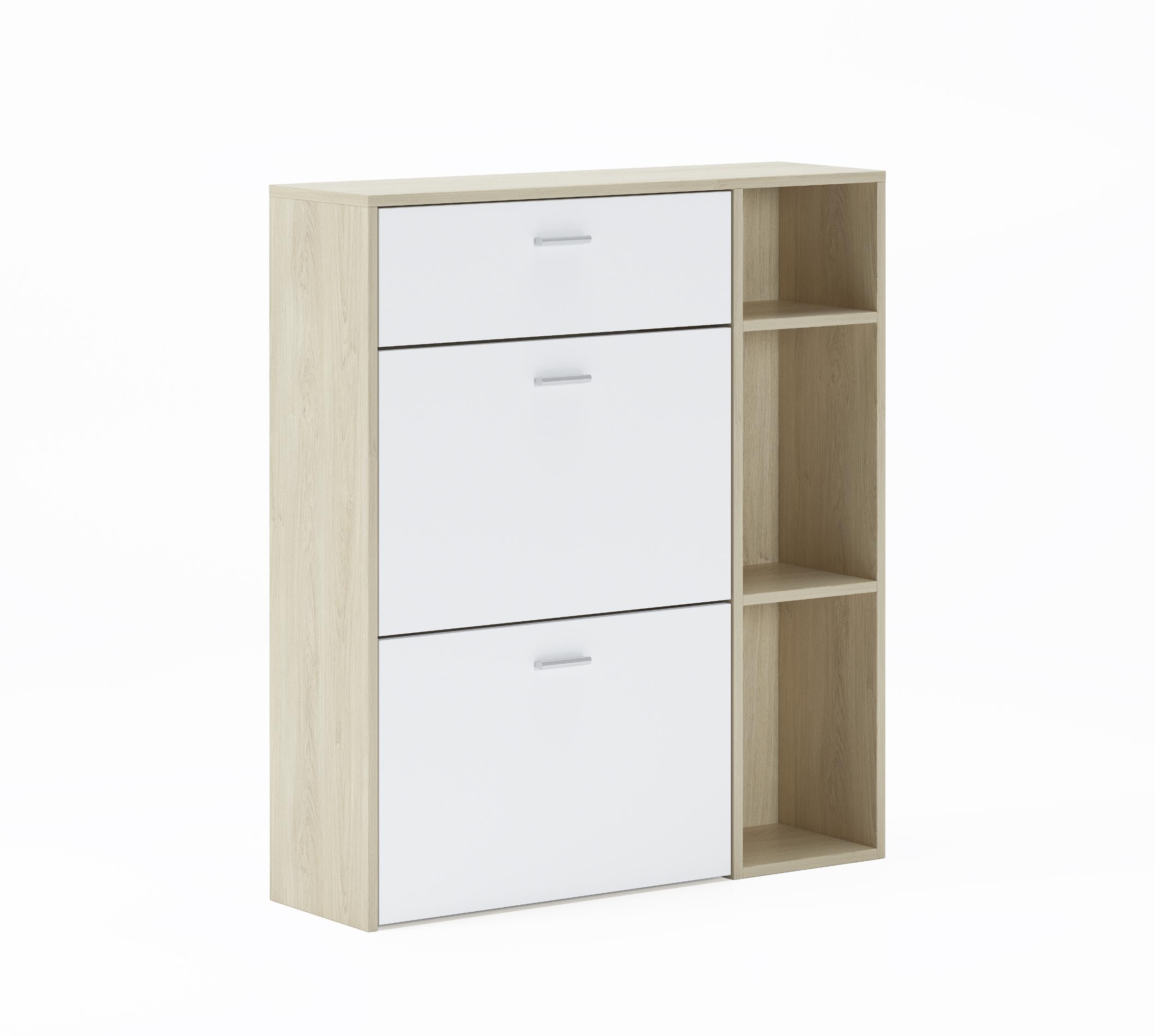 Skraut Home - Armario Zapatero | 102 x 90 x 26 cm | Capacidad para 12 Pares de Zapatos | 2 Puertas Basculantes + 1 Cajón | Modelo Wind | Acabado Roble/Blanco