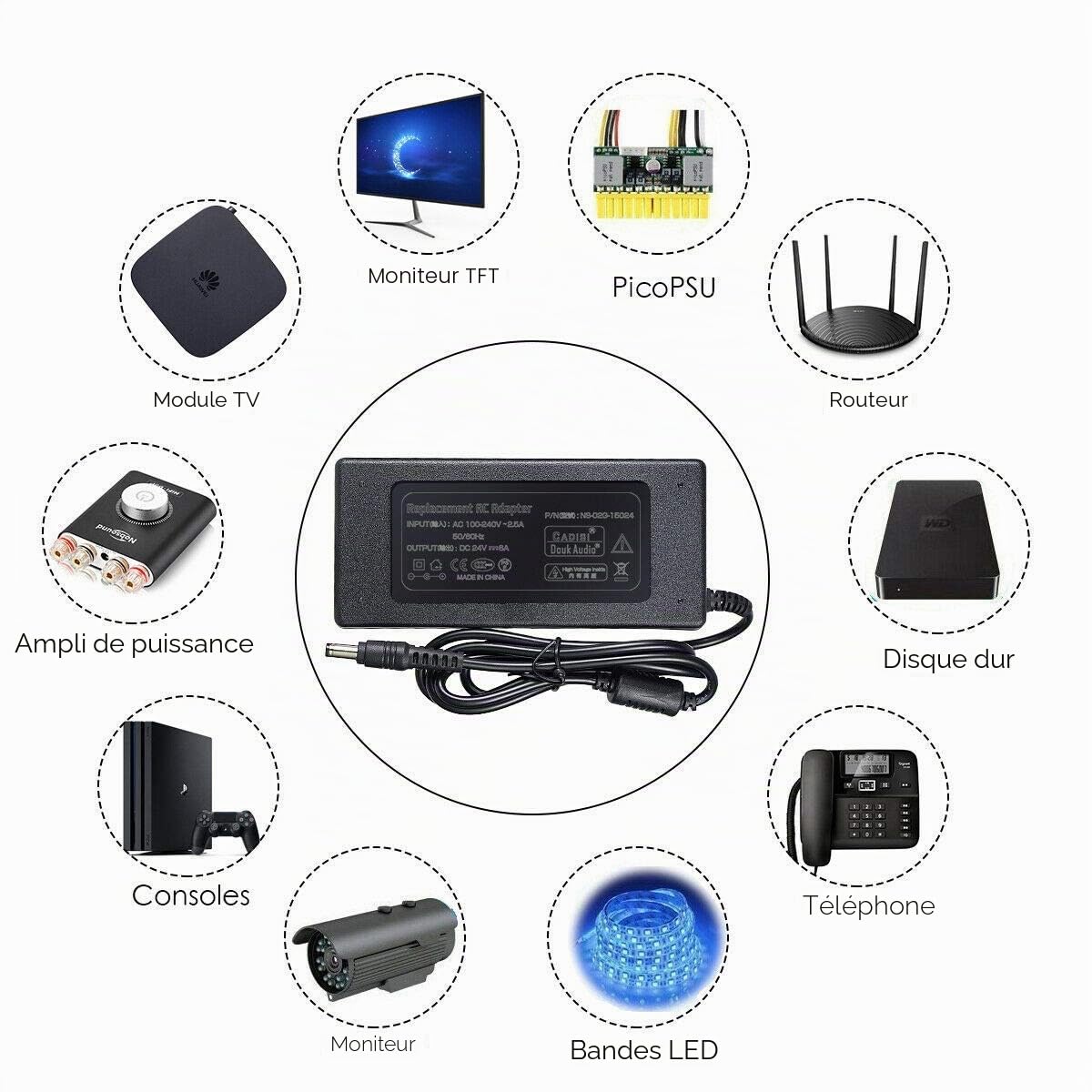 Adaptateur d'alimentation Nobsound DC 24V @ 6A 150W; Brique d'alimentation AC100 ~ 240V pour amplificateur