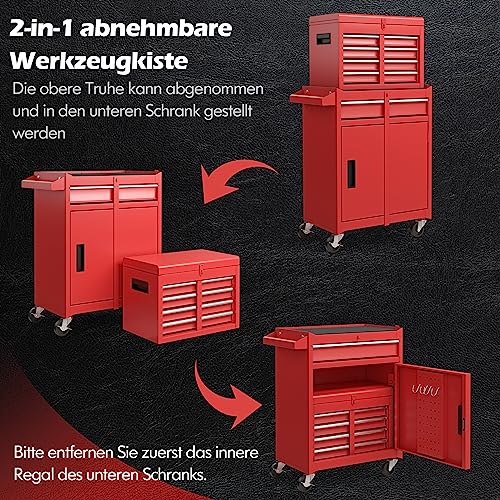 COSTWAY 2 in 1 Werkstattwagen inkl. Koffer & 8 Fächer & Haken & verstellbarem Regal, Werkzeugwagen Abschließbar auf Rädern ohne Werkzeug, Profi Werkstatt-Wagen Metall 100 kg Tragkraft, 59x28x102cm – Bild 5