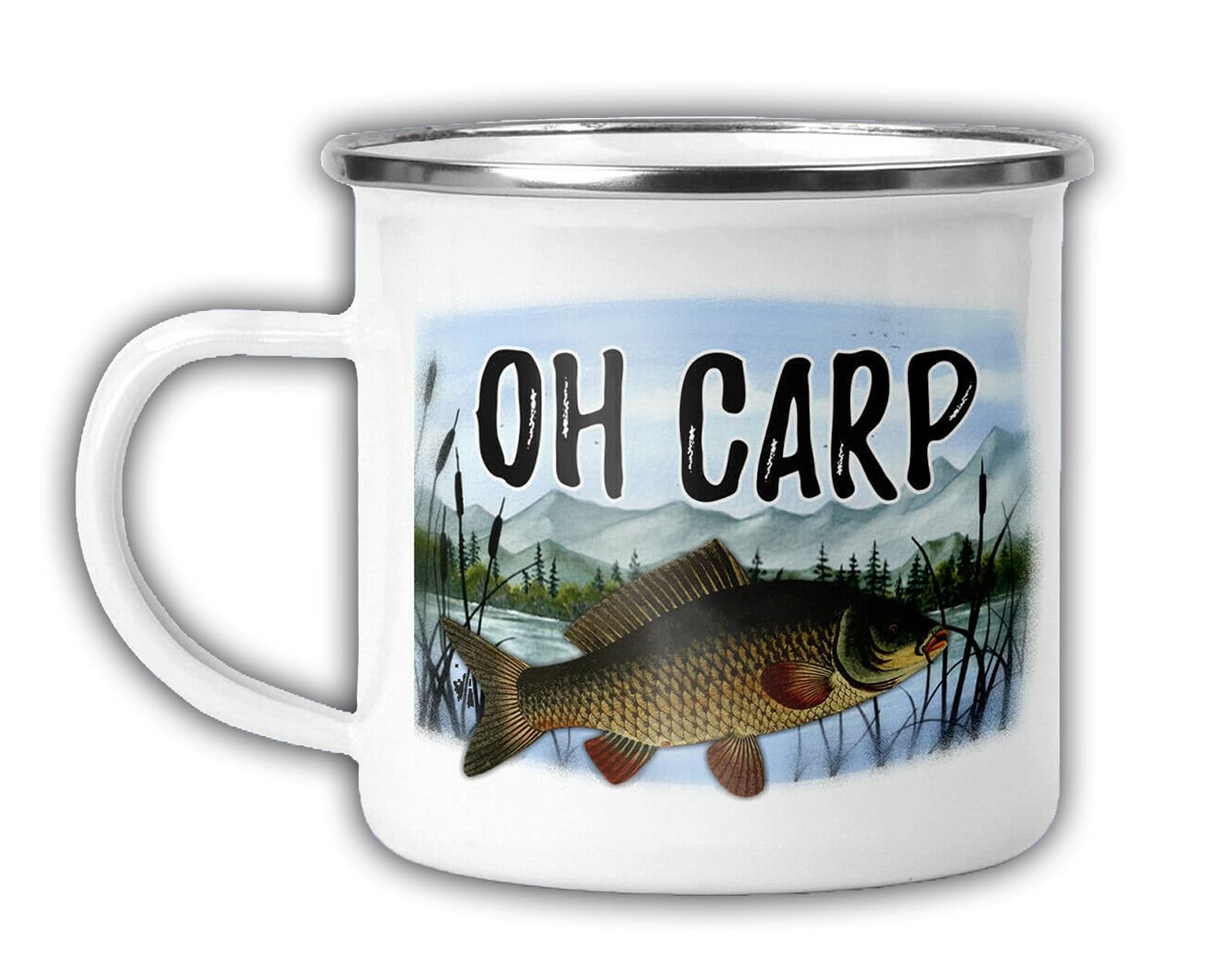 Endless Prints Fishermans Enamel Mug, Caravan Fishing Camping Cuppa Printed Drinks Cup, Fishermans Mug, Fishermans Gift, Oh Carp