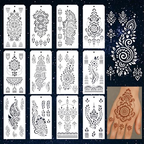GOMAKERER 12 Sheets Haina Tattoo Stencils for Painting, 12 Styles Indian Arabian Tribal Designs Drawing Templates Reusable Art Stencil for Hand Forearm Painting on Wall Wood Home Decor