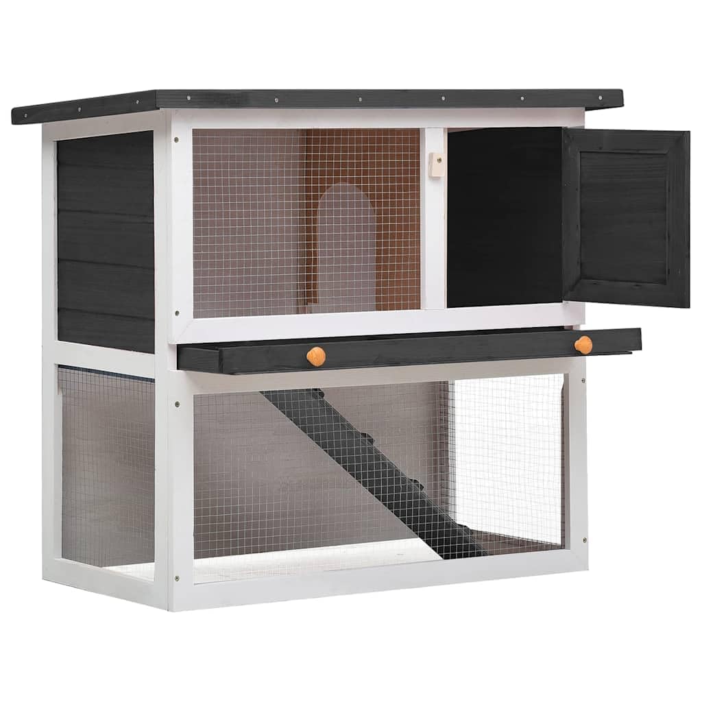Kaninchenstall Holz Kleintierstall Grau Weiß Hasenstall mit Rampe und ausziehbarer Schublade Kleintierkäfig zweistöckig für Hasen Meerschweinchen Outdoor Indoor 90x45x80 cm