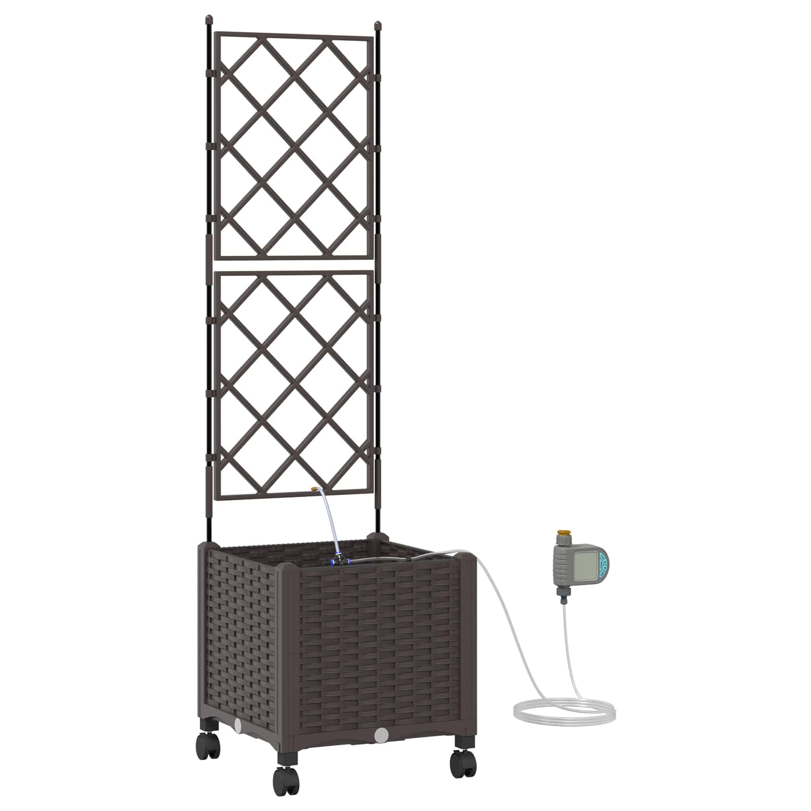 Fioriera mobile con traliccio e set di irrigazione, marrone, PP | Fioriera flessibile per terrazza e balcone con sistema di irrigazione automatico e traliccio per piante rampicanti.