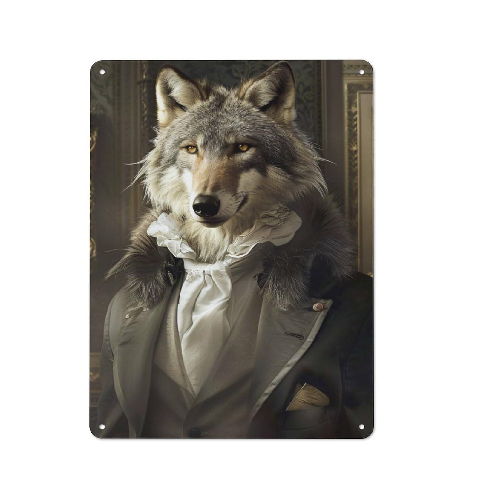 Anthropomorphic Wolf in Victorian Attire Cottage Style Metal Wall Decor 40x30cm, Tin Wall Plaque for Kitchen, Cottage, Porch Or Garden Room