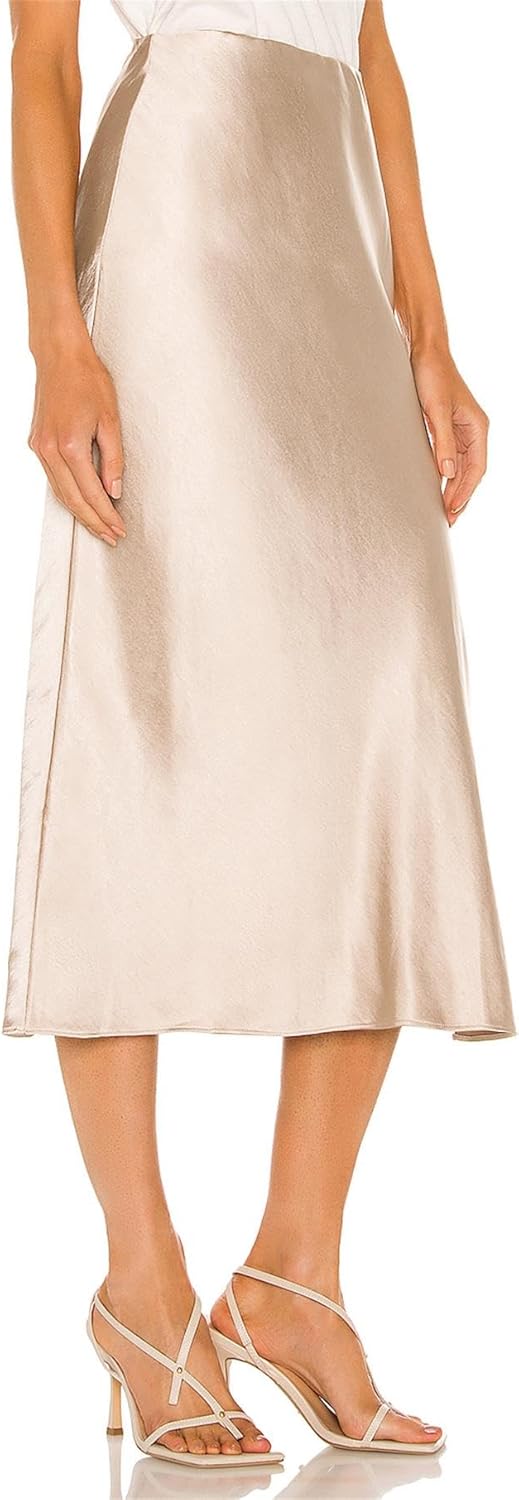 BOMAROLAN Women's Satin Midi Skirt High Waist Solid Silky Skirts for Women Elasticized Waistband A-Line Slit Midi Skirts - Image 2