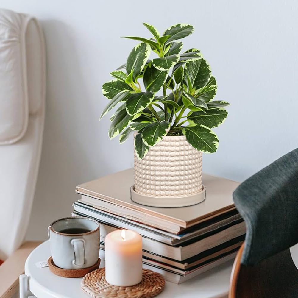 Oairse Vaso per piante in ceramica, 15 cm + 11 cm, con fori di drenaggio, vasi da fiori bianchi, design con perline, vasi decorativi per interni, per cactus, serpente, pianta d'appartamento