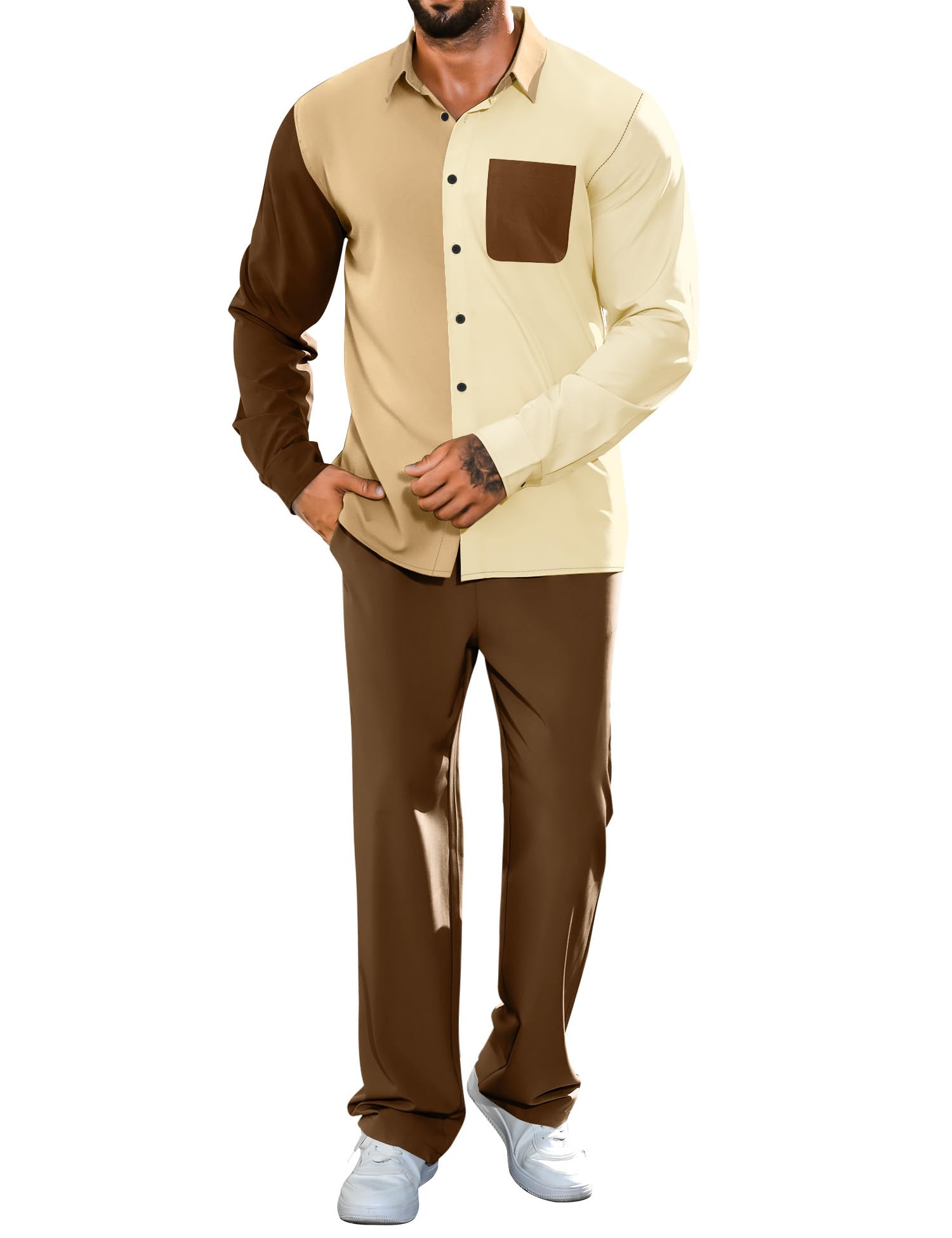 LecGee Mens 2 Piece Color Block Outfits Casual Long Sleeve Color Block Shirts and Pants Matching Set Sweatsuit